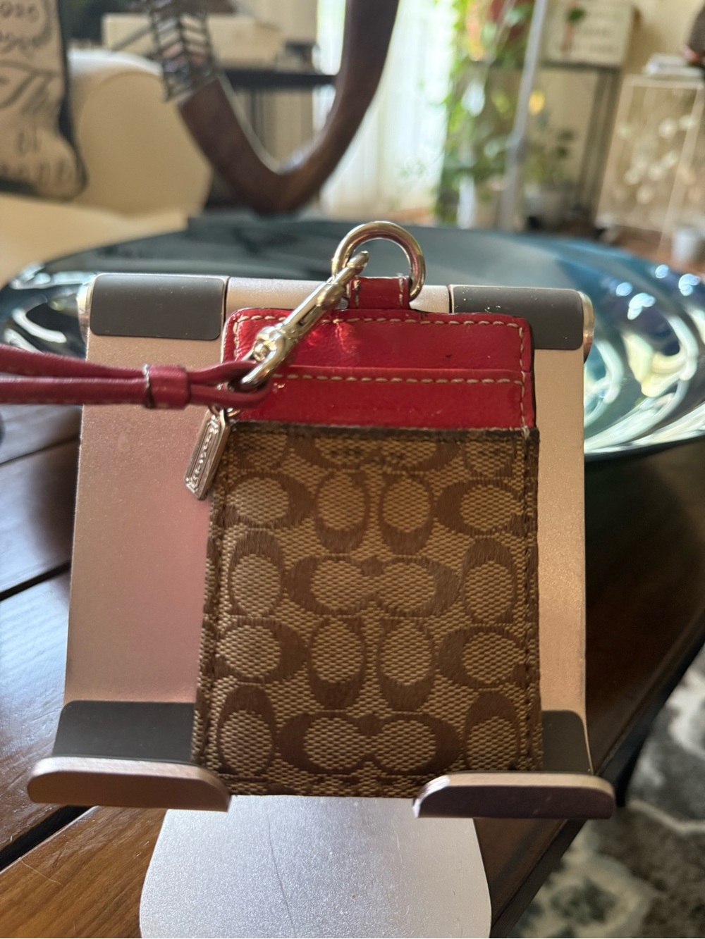 Coach Brown Signature Canvas ID Card Holder with Red Trim